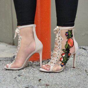 Women Ankle Open Toe High Heel Booties Lace Up Nude Color